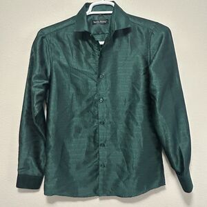 Barry.Wang Men's Dress Shirt S Green Button-down Front Long Sleeve Silk Jacquard